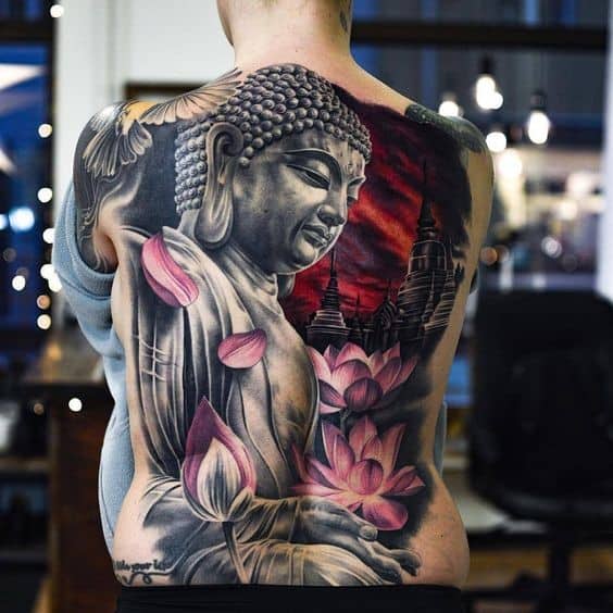 Colorful Bright And Noticeable Buddha Tattoo For Entire Back