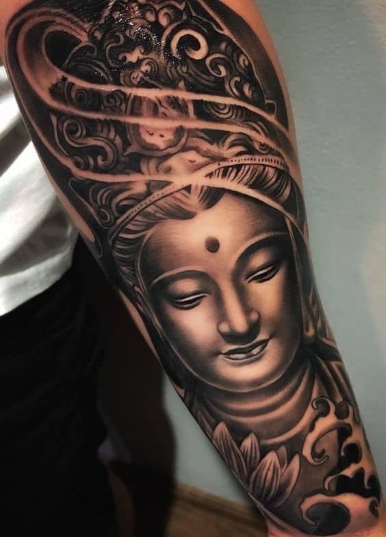 Large And Sleeve Inspired Buddha Tattoo In Black Ink