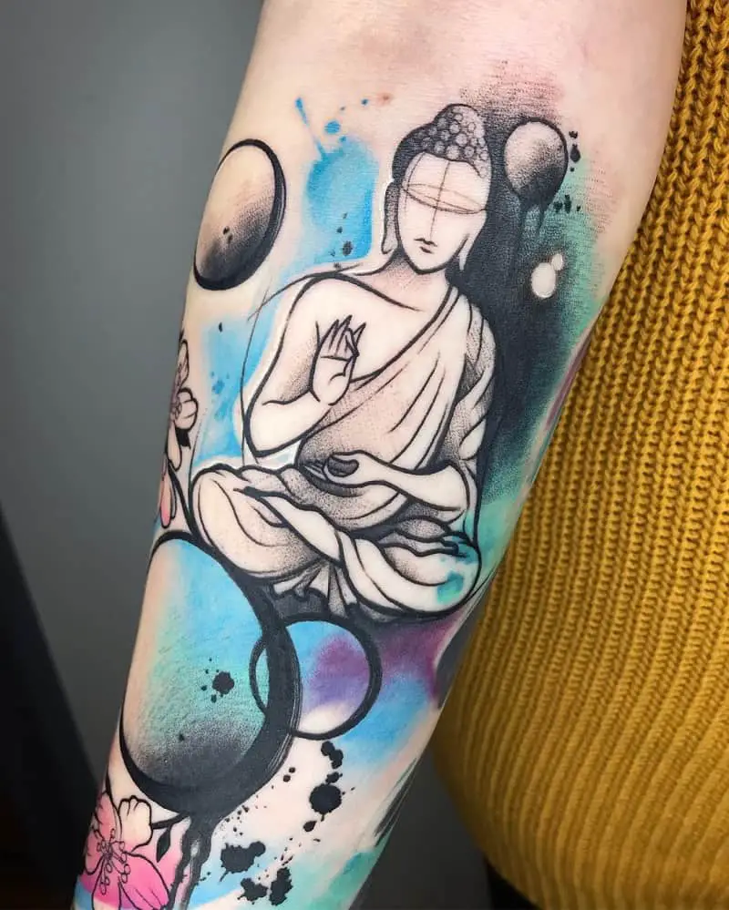 Unique Splash Of Color Buddha Tattoo With Asymmetrical Shapes