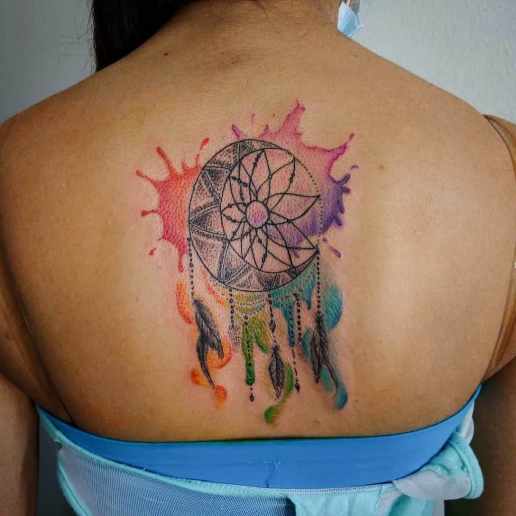 Gorgeous And Bright Back Piece Dream Catcher Tattoo For Women