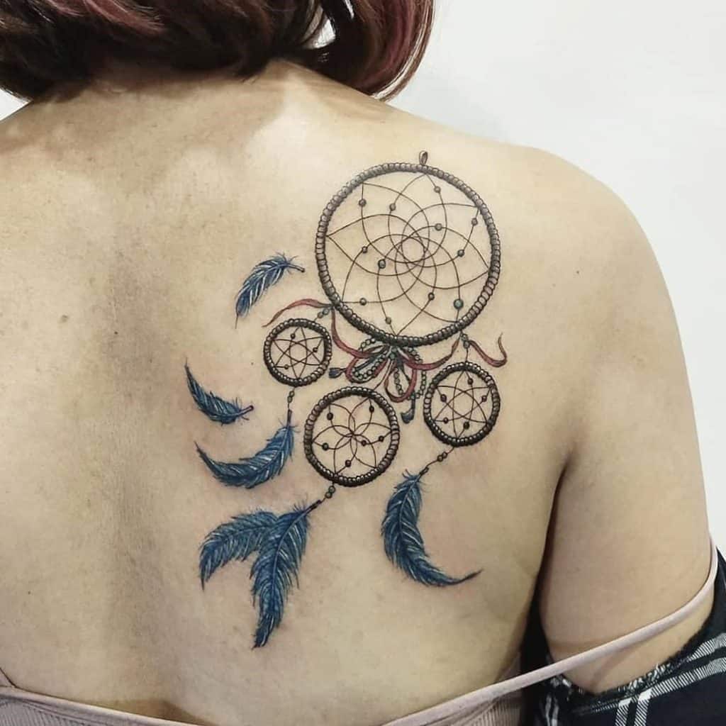 Indian Inspired Bright Blue Dream Catcher Tattoo 