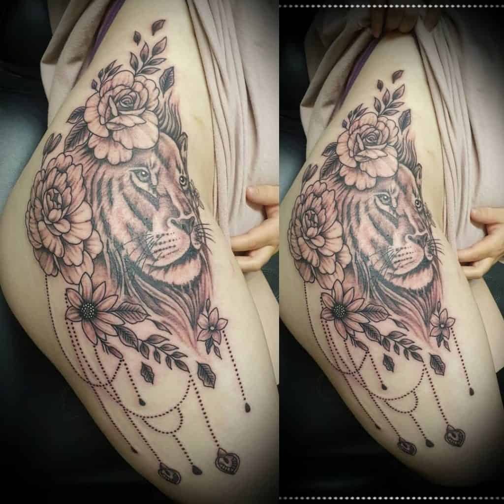  Lion Tattoo Thigh lion like flowers