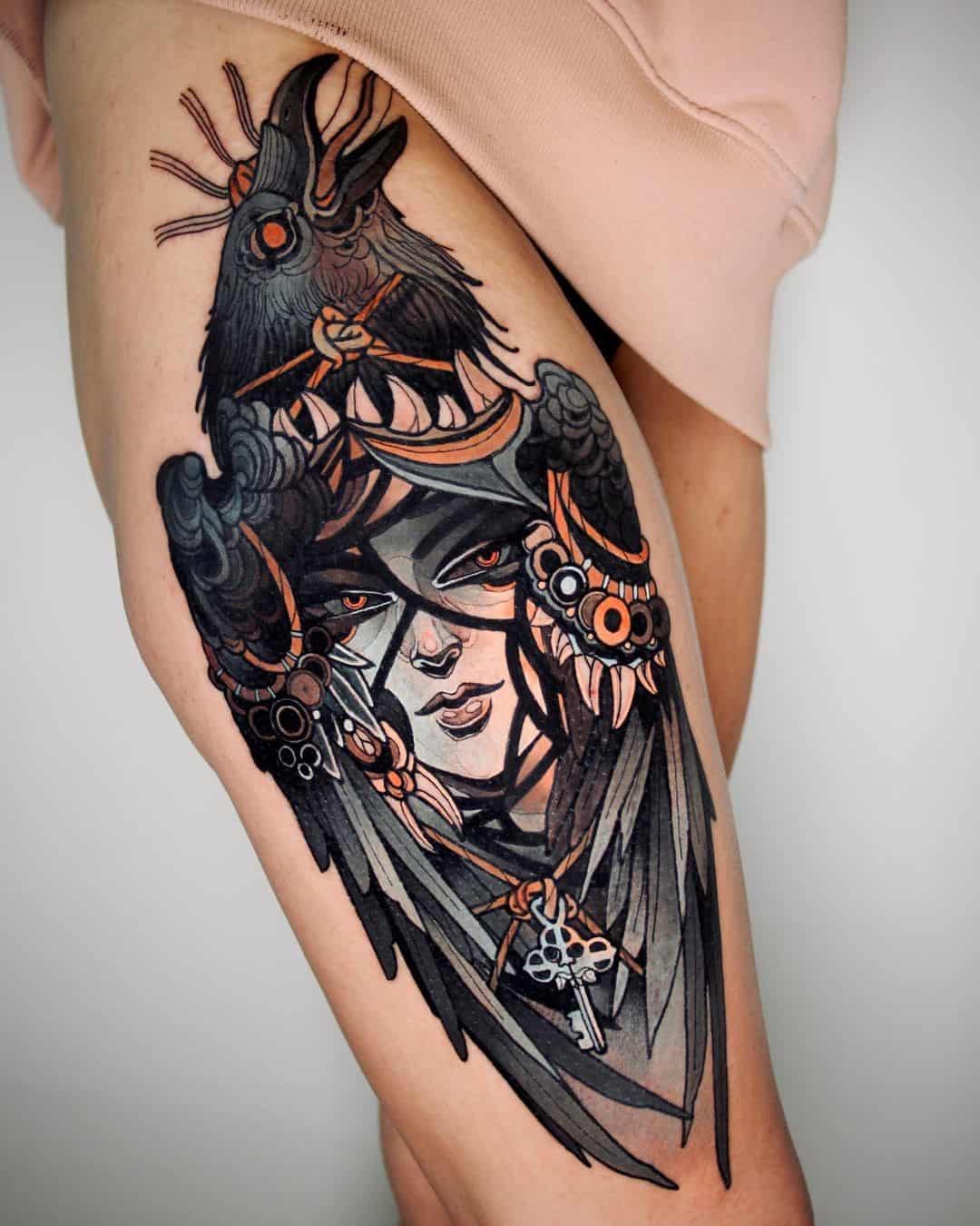 Warrior Inspired Raven Tattoo On Leg