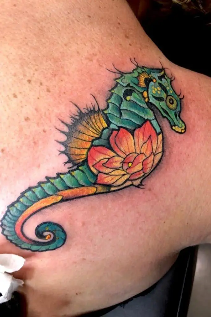 Dramatic Colorful Seahorse Tattoo