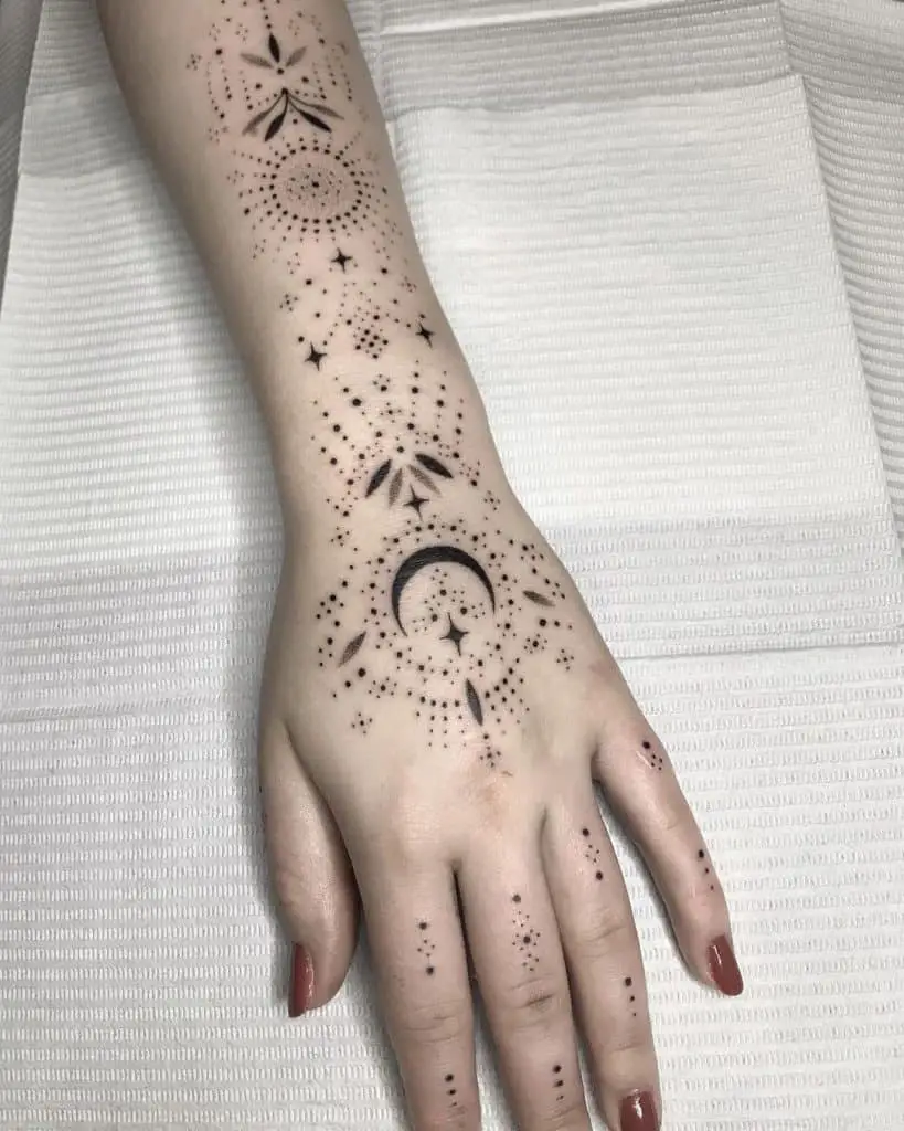 Intricate Sun and Moon Solar System Tattoo Design