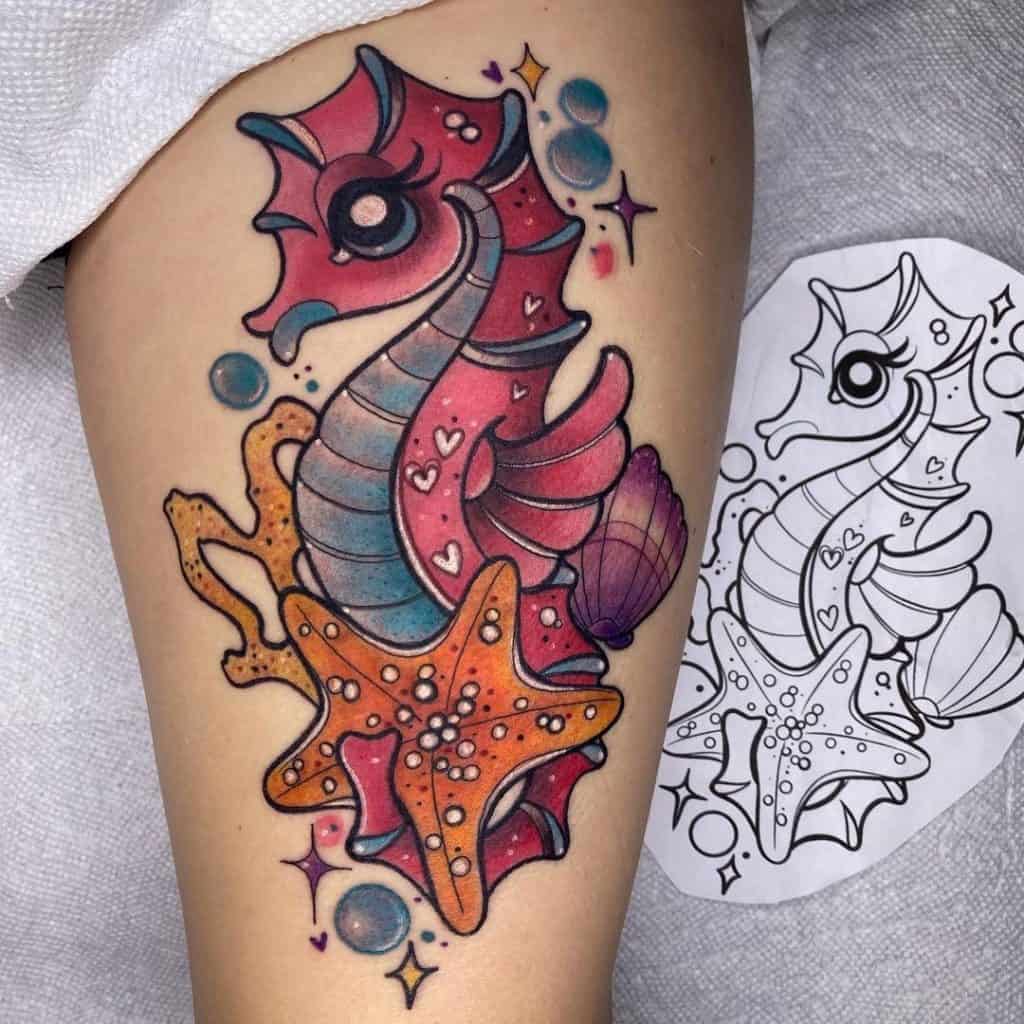 Pink & Colorful Bright Seahorse Tattoo