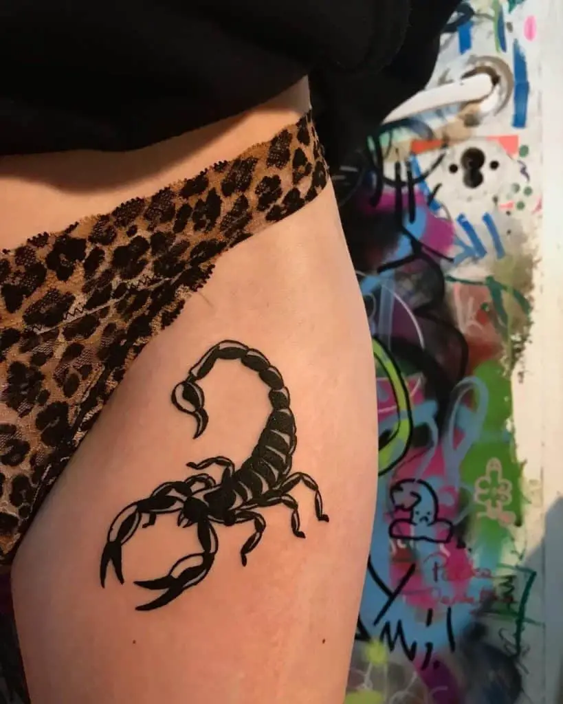 Black Scorpion Tattoo On Thigh 