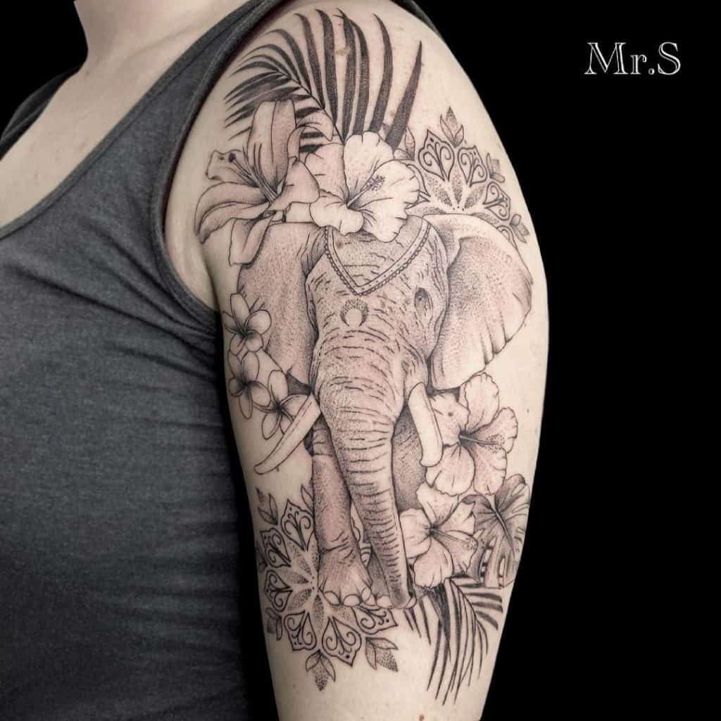 Black and Gray Elephant Tattoo with Flowers