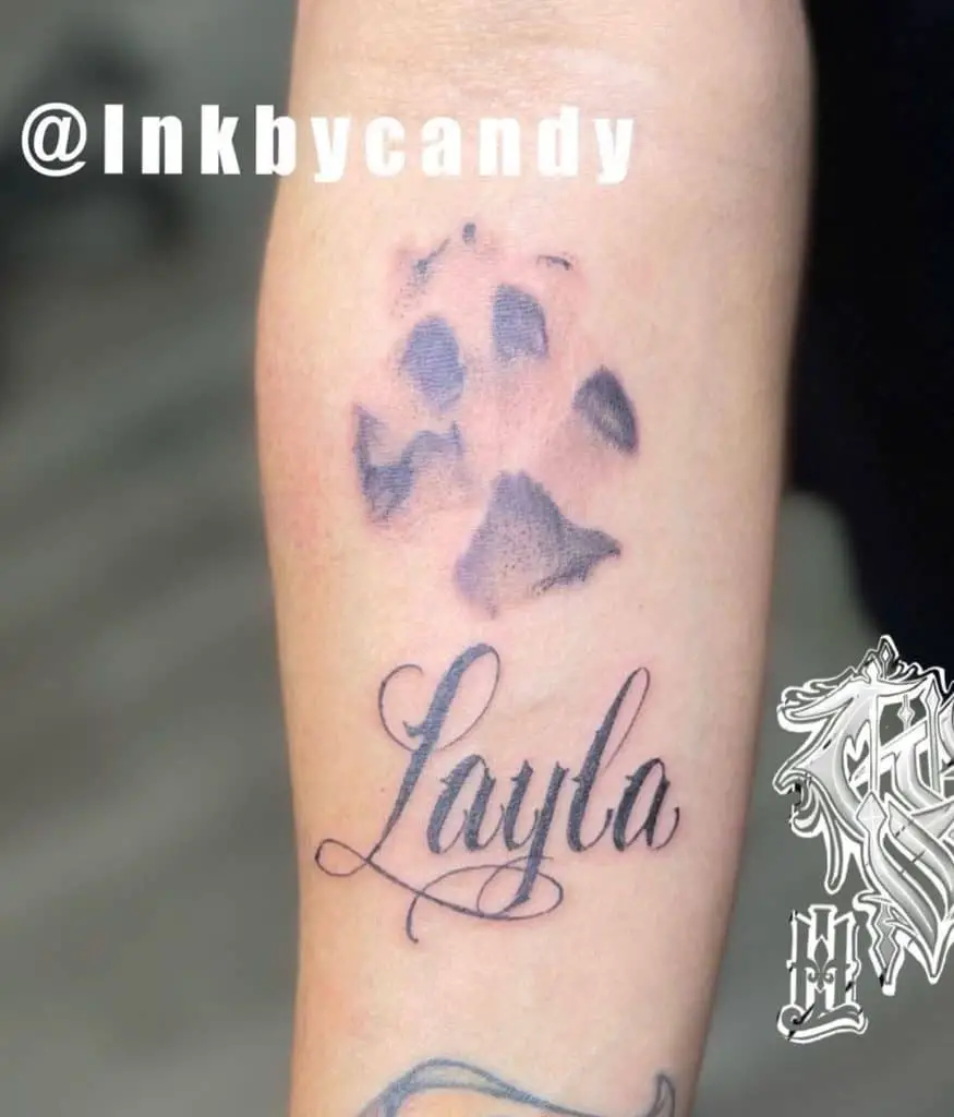 Dog Paw Tattoo With A Name of Layla