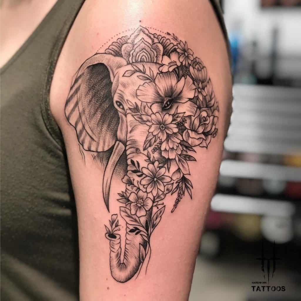 Elephant Tattoo Design with Flowers 