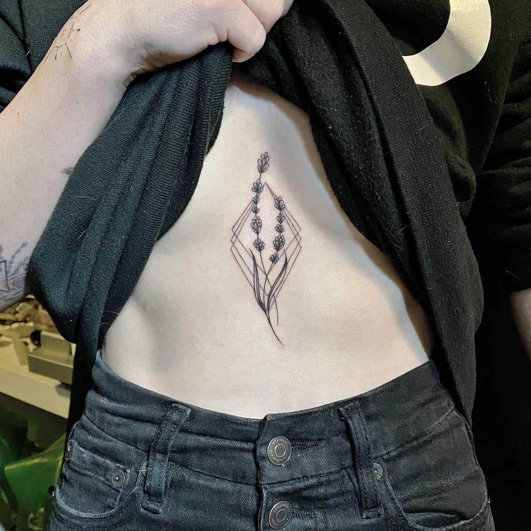 Lavender and rhombus tattoo on ribcage 