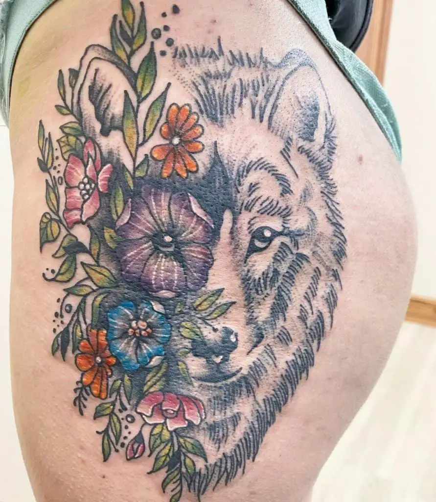 Wolf & Hip Flower Tattoo