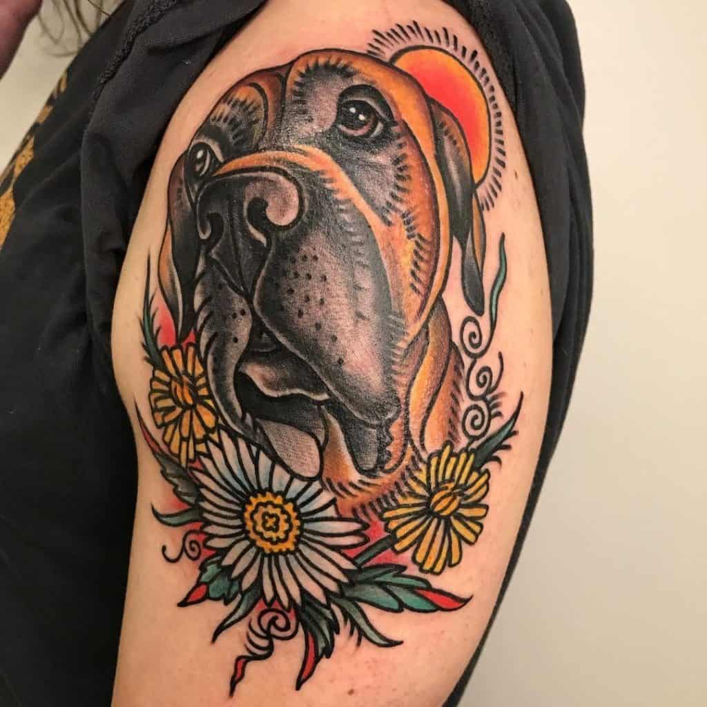 Dog Face and Flower Tattoo