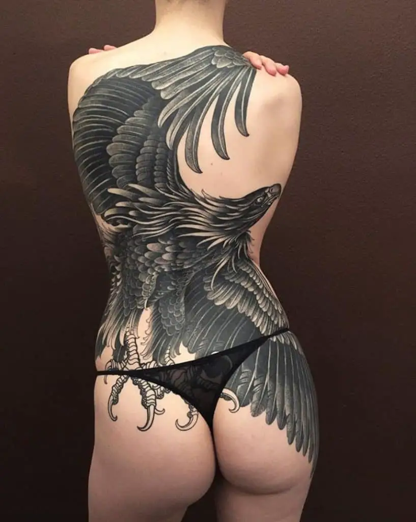 Giant Raven Blackwork Tattoo Back Design 
