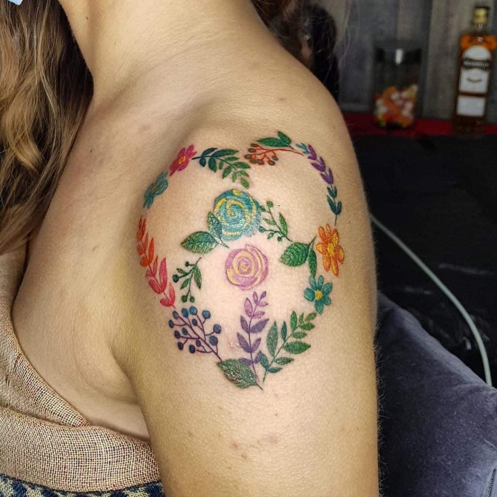 Shoulder Floral Peace Symbol Tattoo
