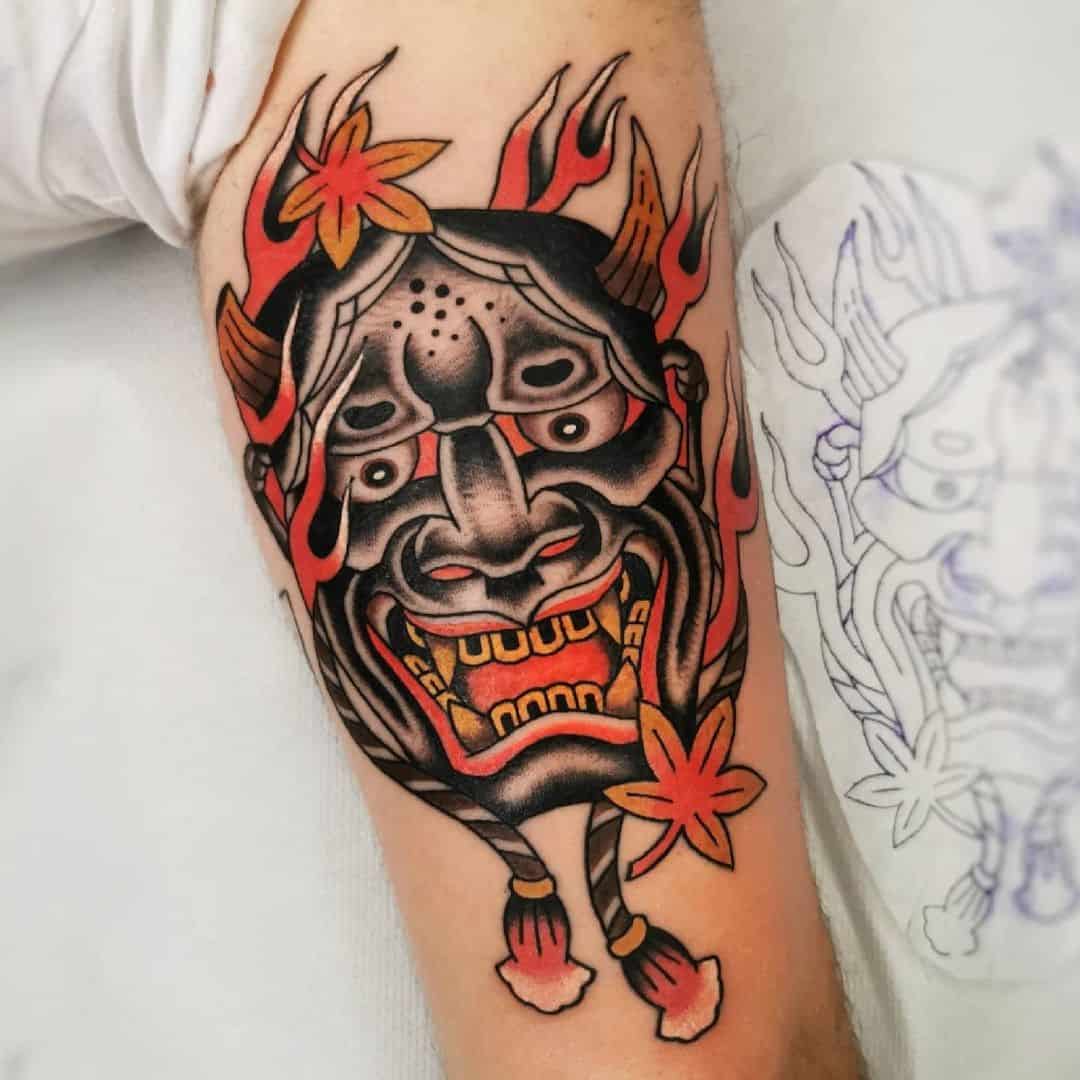 Arm Traditional Oni Mask Tattoo