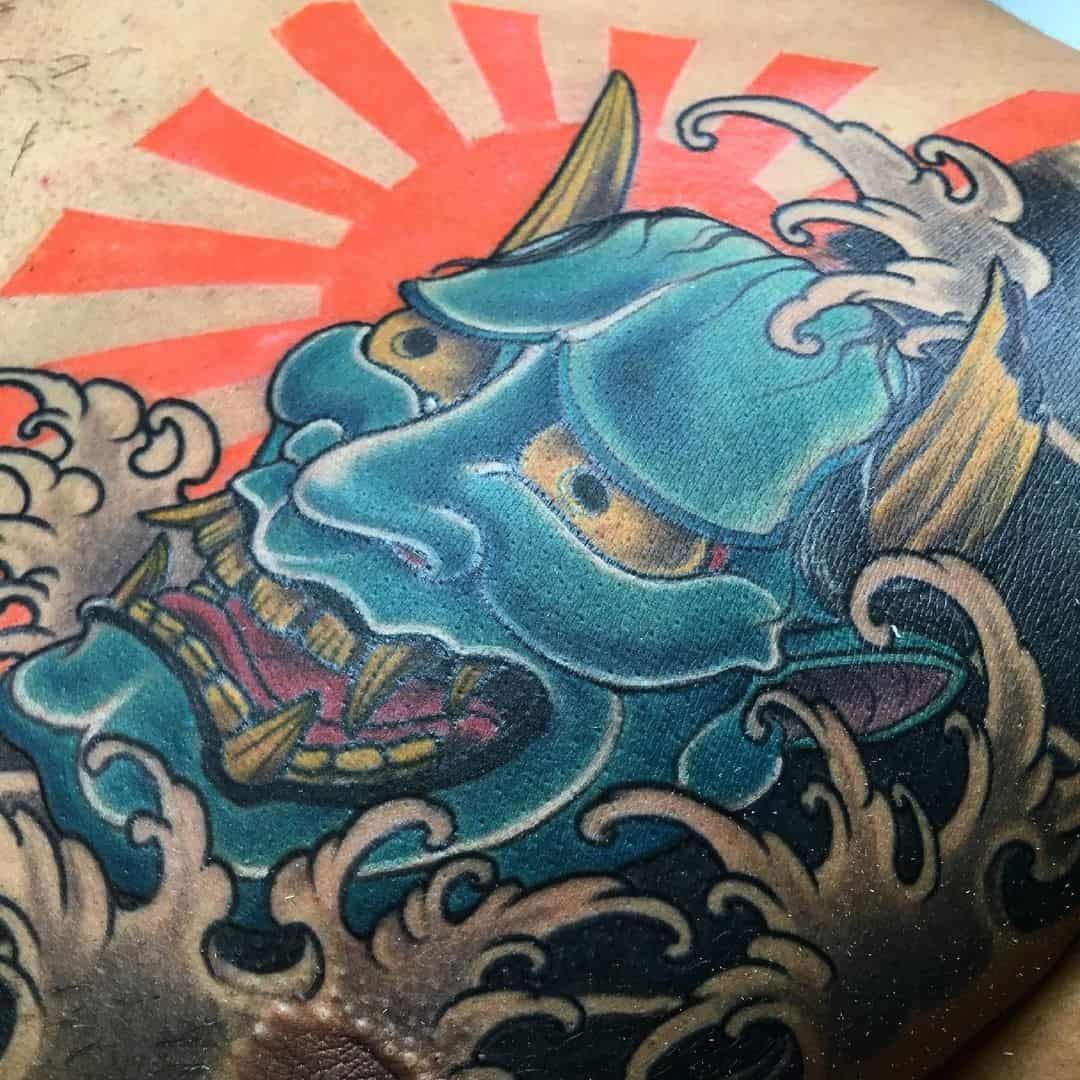 Chest Oni Mask Blue Traditional Tattoo 