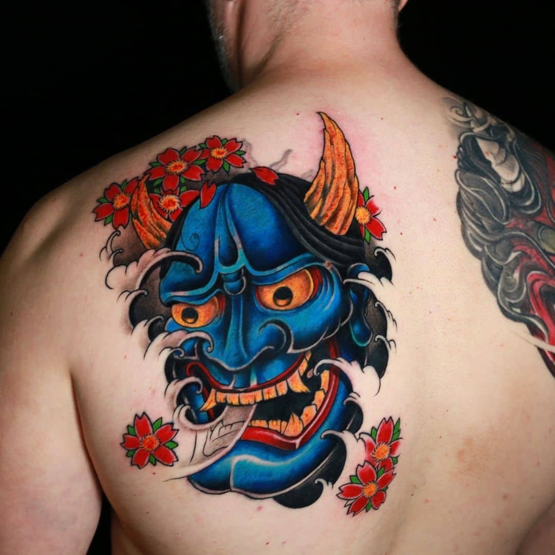 Oni Japanese Mask Tattoo Over Back