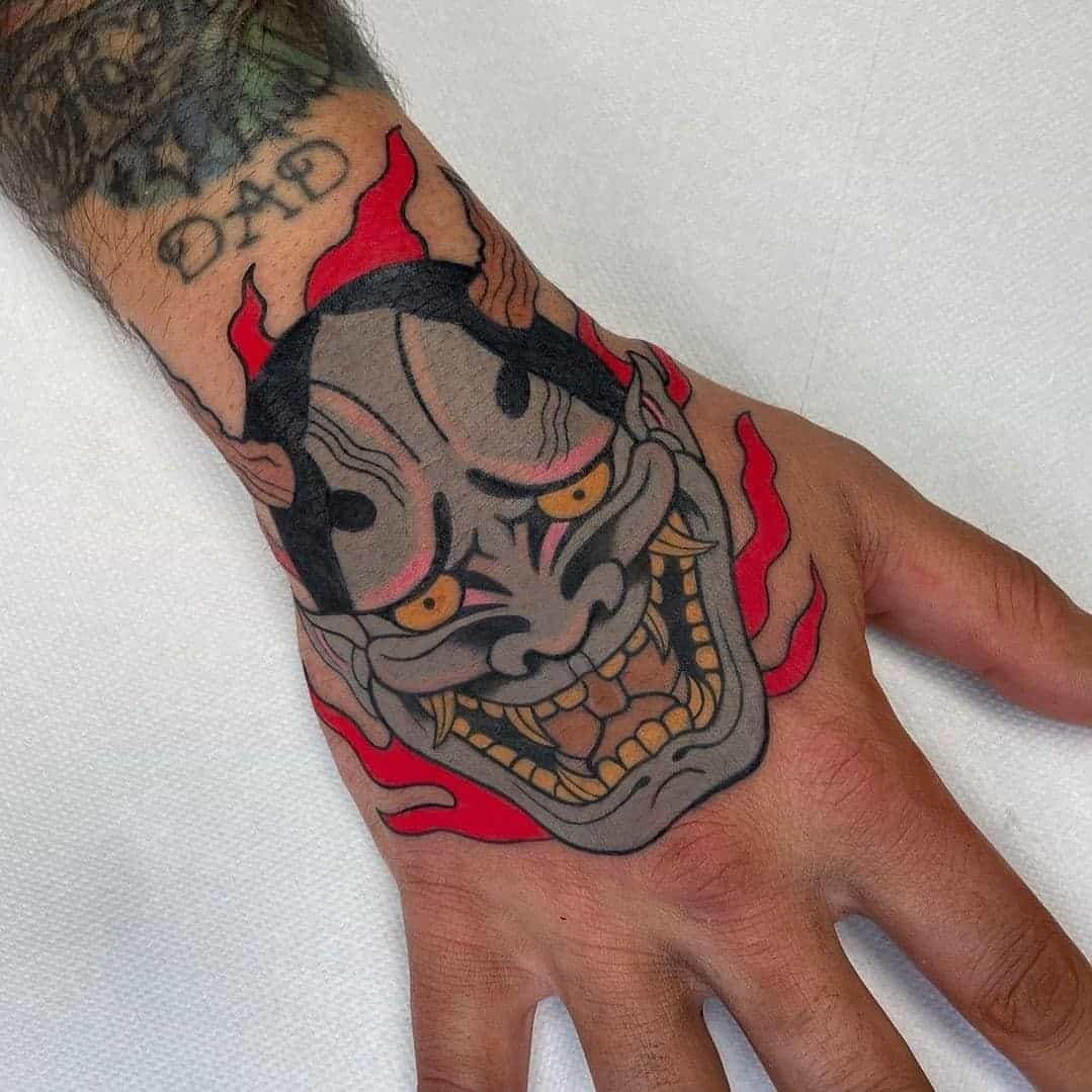Oni Mask Tattoo Hand Palm Idea