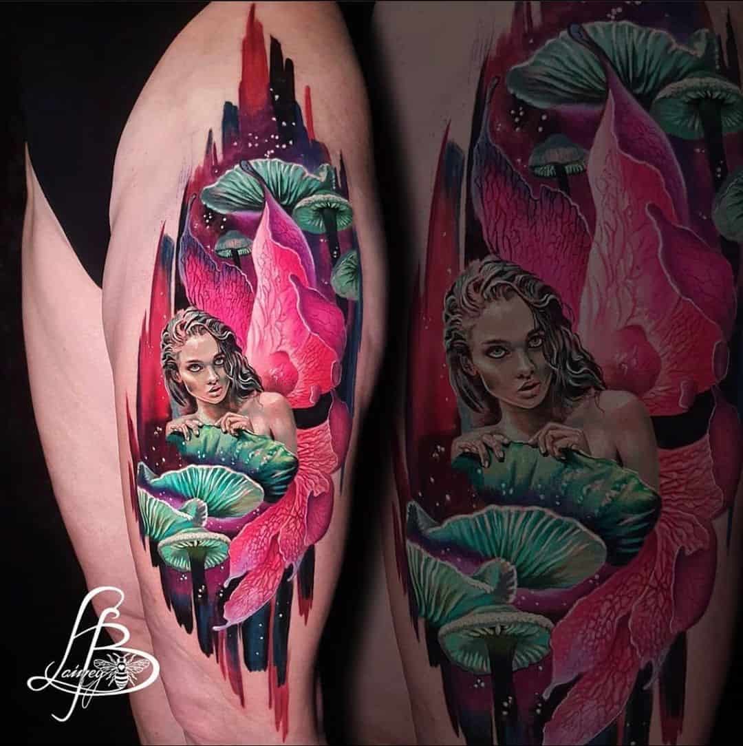 Bright Colorful Fairy Tattoo Over Thigh 