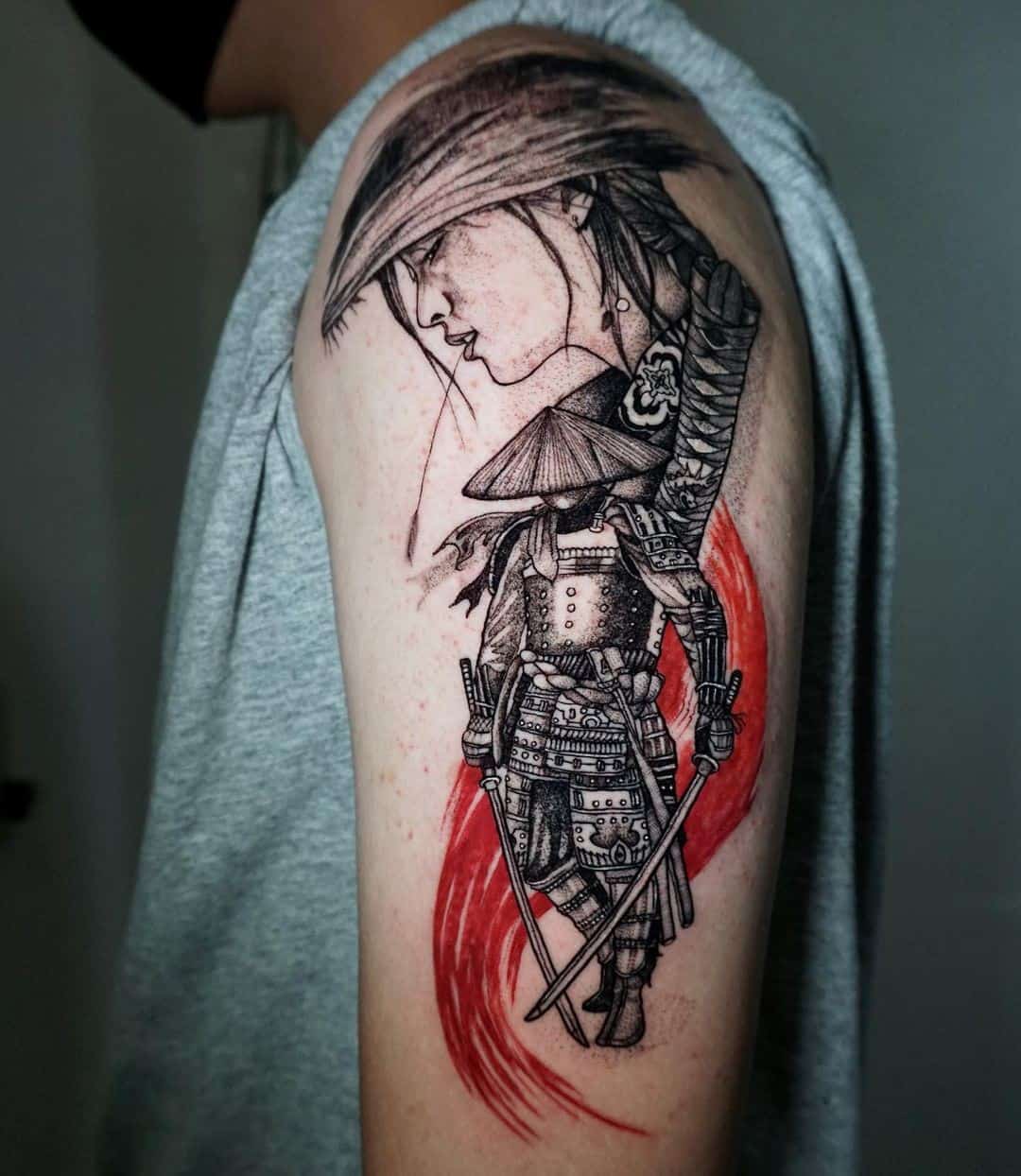 Dramatic & Scary Samurai Sleeve Tattoo 