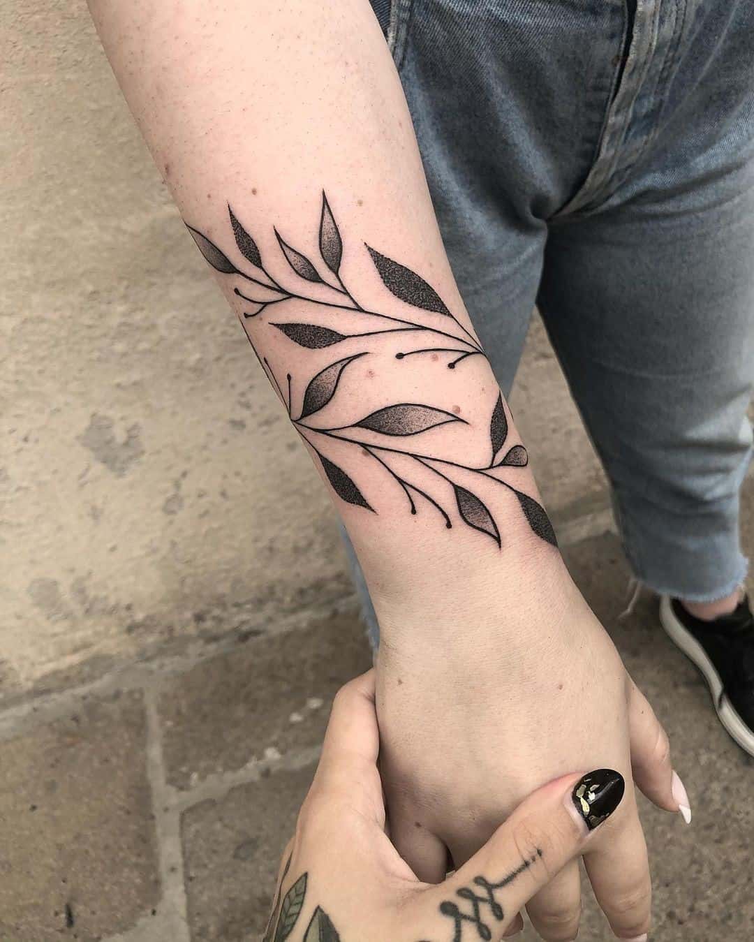 Delicate Flower Leaf Bracelet Tattoo 