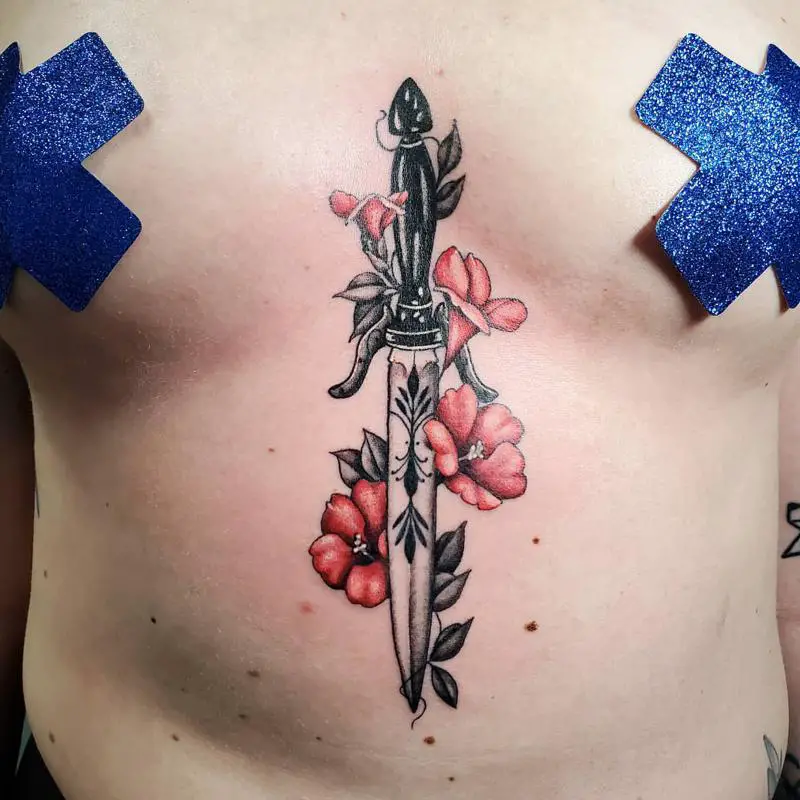 Colorful Shin Flower and Dagger Tattoo 2