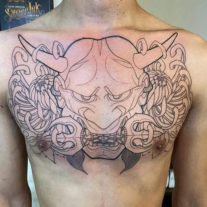 Chrysanthemum and Oni Mask Tattoo 1