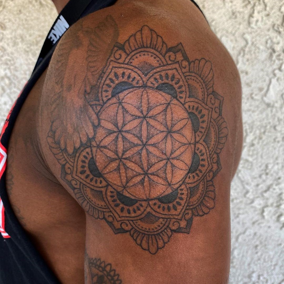 Flower Of Life Tattoo Over Shoulder 