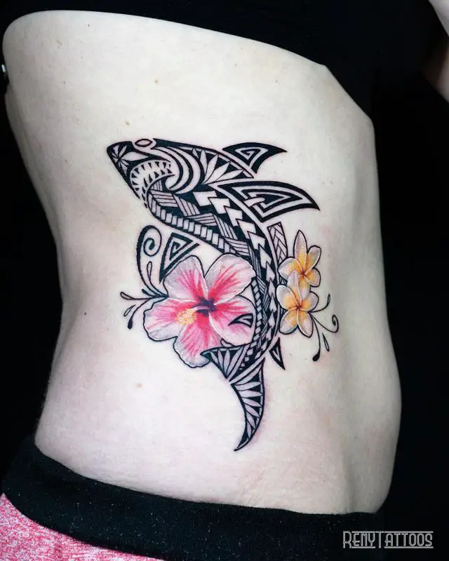 Tribal Shark Tattoo With Hawaiian Hibiscus And Plumerias Flowers