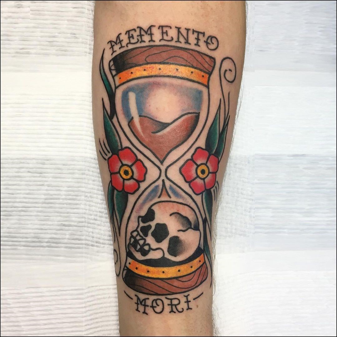 Colorful Hourglass Memento Mori Tattoo