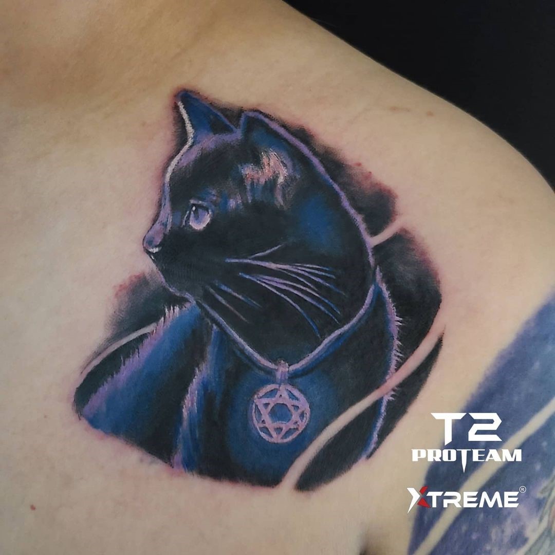 Chest Bright Blue Cat Tattoo