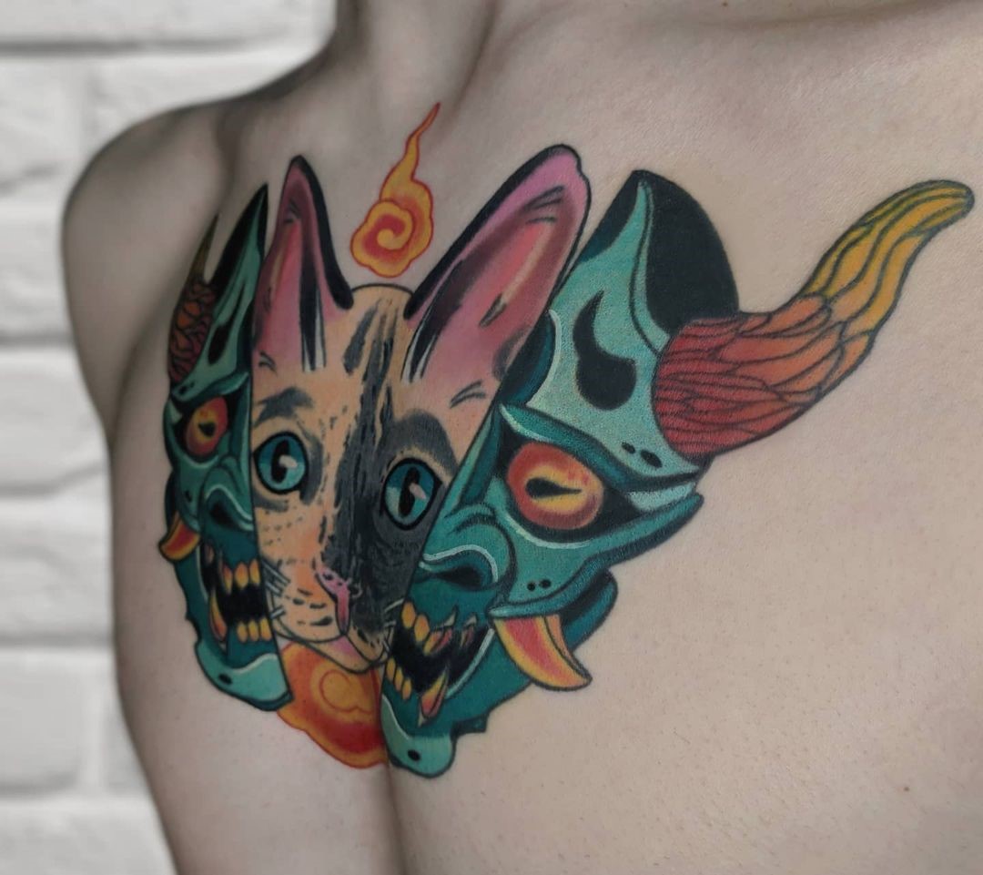 Scary Demon Cat Tattoo Design